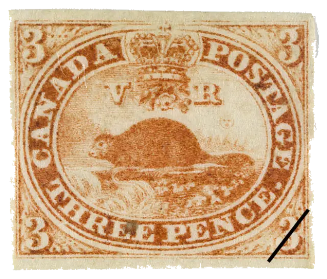 A beaver by a waterfall in an oval, with a pen-line cancel; stamp issued by Province of Canada, 1851