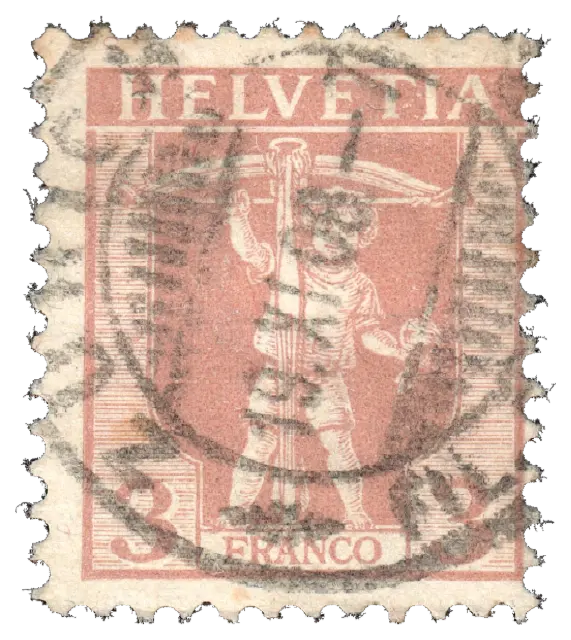 A boy standing behind a large crossbow, in pink, postmarked; stamp issued by Swiss Confederation, 1907