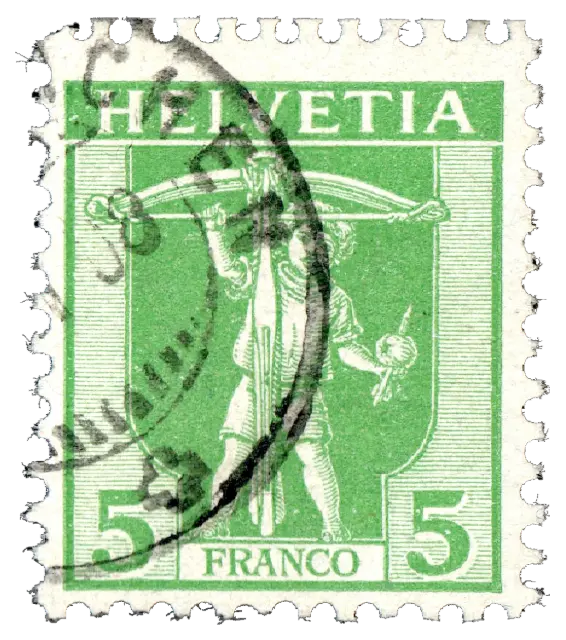 A boy standing behind a large crossbow; stamp issued by Swiss Confederation, 1907