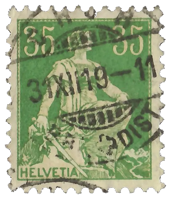 A seated woman with a sword in front of mountains, heavily postmarked; stamp issued by Swiss Confederation, 1908