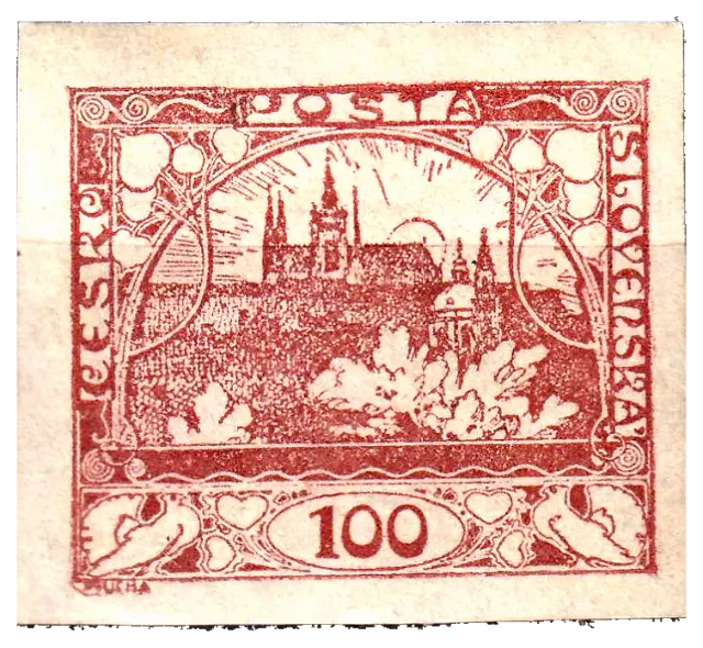 A castle and cathedral above a city skyline, in red; stamp issued by Czechoslovak Republic, 1918