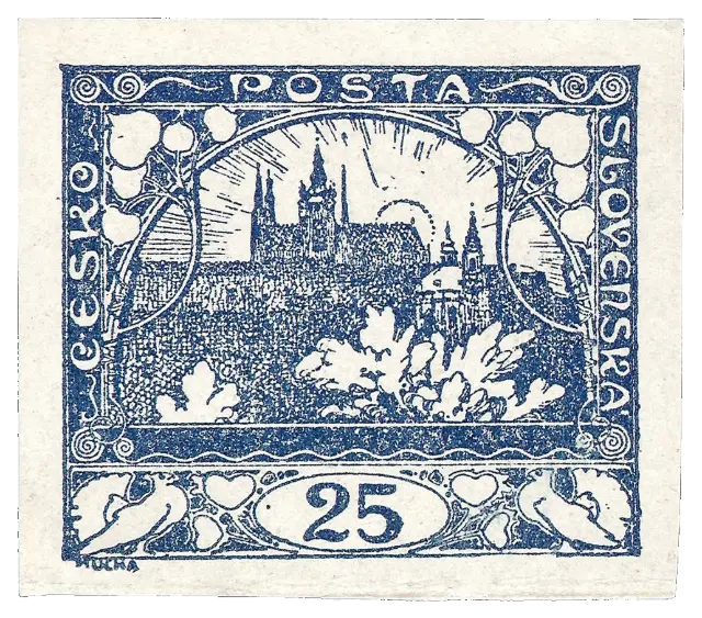 A castle and cathedral above a city skyline, in blue; stamp issued by Czechoslovak Republic, 1918