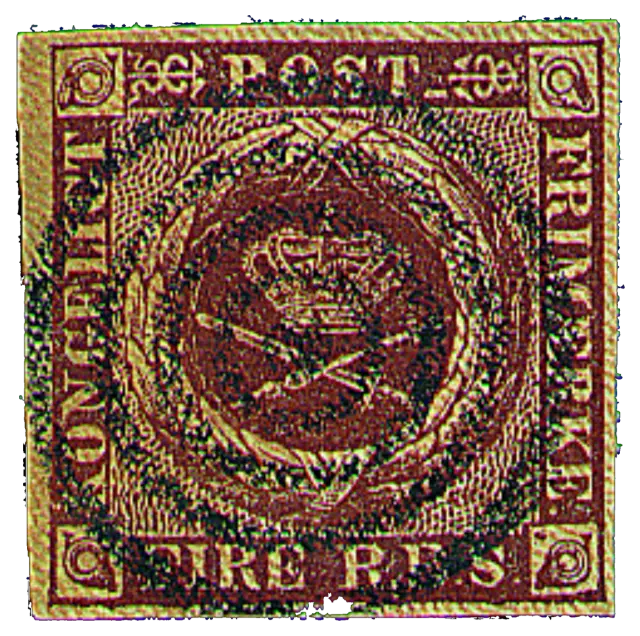 A crown, sword and sceptre in a square frame; stamp issued by Kingdom of Denmark, 1851
