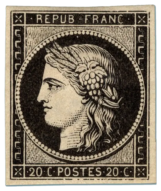 Head of the goddess Ceres in a circle on a black stamp; stamp issued by French Republic, 1849