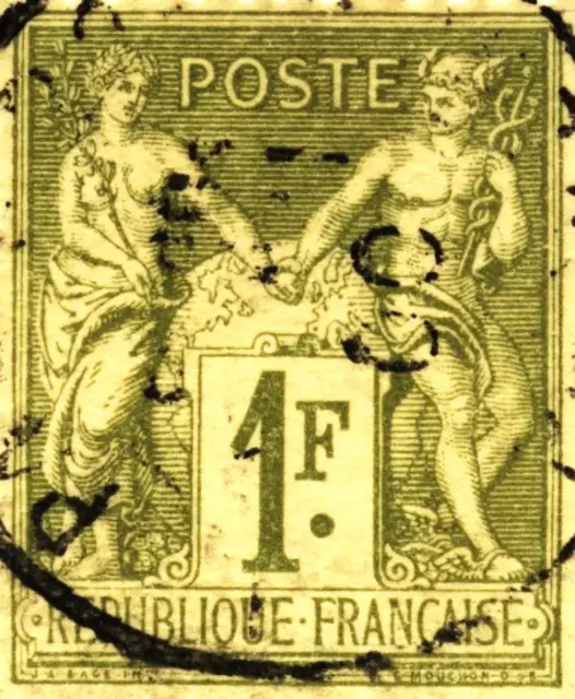 Two classical figures holding a tablet with the value; stamp issued by French Republic, 1876