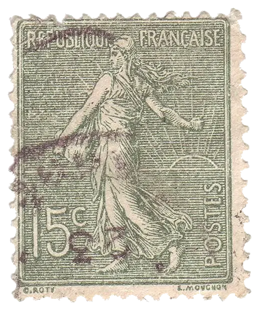 A woman walking and sowing seed; stamp issued by French Republic, 1903