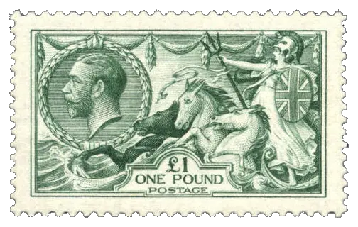 King George V beside Britannia in a chariot pulled by seahorses; stamp issued by United Kingdom, 1913