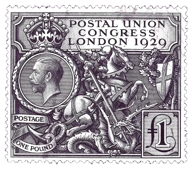 St George on horseback fighting a dragon, with King George V in a medallion; stamp issued by United Kingdom, 1929