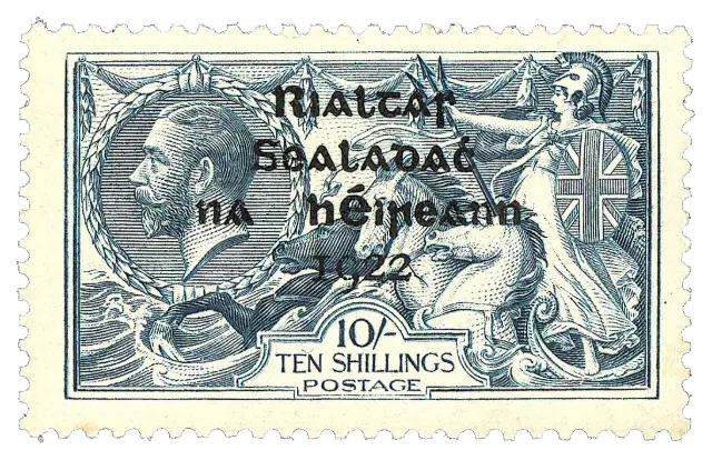 British ten-shilling Seahorse stamp with black overprinted lettering; stamp issued by Provisional Government of Ireland, 1922