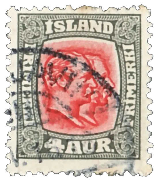 Two overlapping royal profiles in red inside a grey frame; stamp issued by Iceland (under the Danish crown), 1907