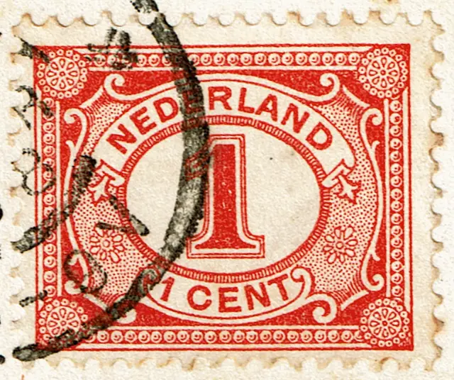 A large number 1 in an oval, red, with a postmark; stamp issued by Kingdom of the Netherlands, 1899