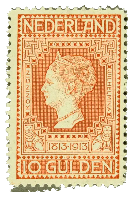 Profile of a queen in an orange frame; stamp issued by Kingdom of the Netherlands, 1913