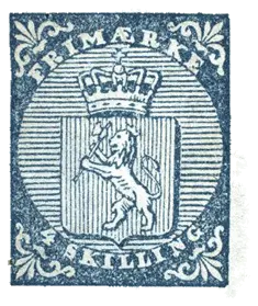 A crowned shield with a lion holding an axe; stamp issued by Kingdom of Norway, 1855