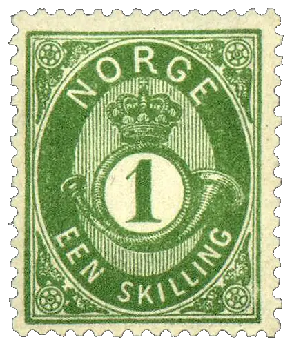 A crowned posthorn around the number 1; stamp issued by Kingdom of Norway, 1872