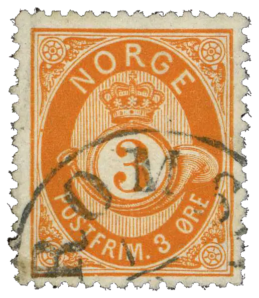 A crowned posthorn around the number 3, with a postmark; stamp issued by Kingdom of Norway, 1877
