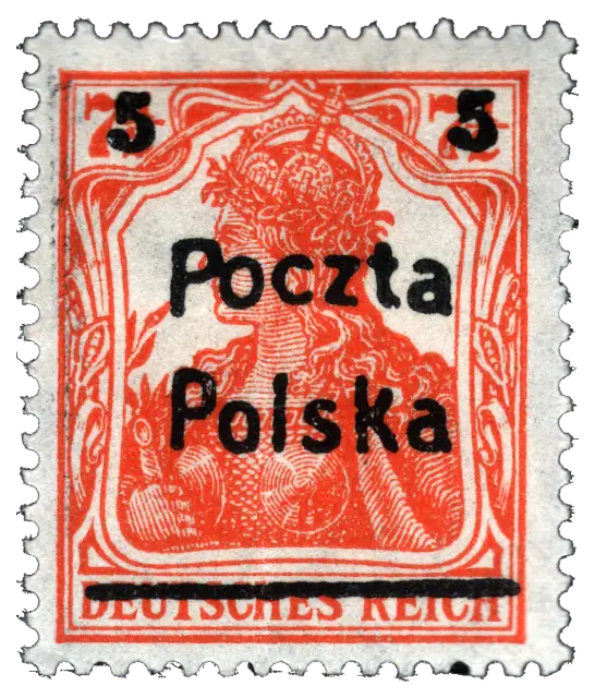 A German Germania stamp with large black overprinted words and a new value; stamp issued by Republic of Poland, 1919