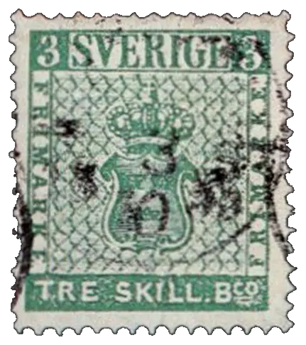 Coat of arms with a crown on a green, criss-crossed background; stamp issued by Kingdom of Sweden, 1855