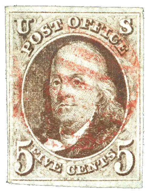 Portrait of Benjamin Franklin on a brown stamp with a red cancellation; stamp issued by United States, 1847
