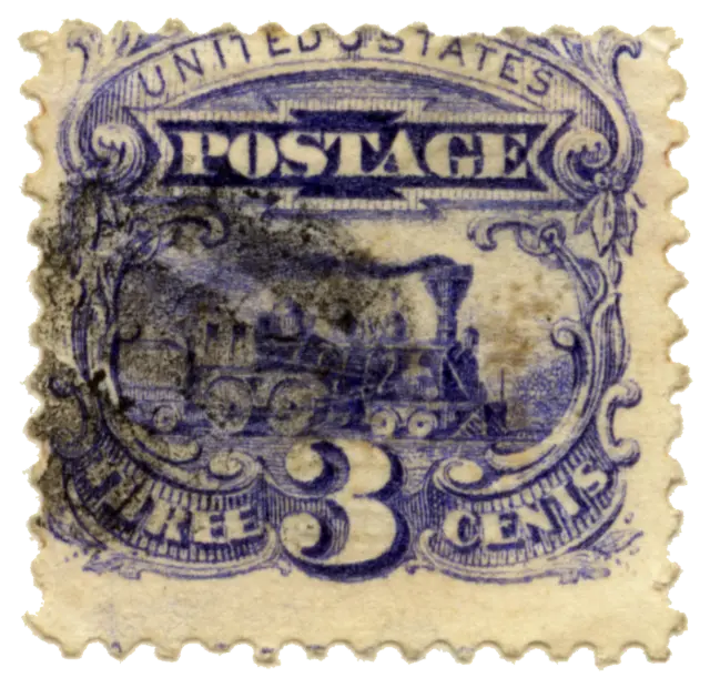 A steam locomotive under the word POSTAGE; stamp issued by United States, 1869