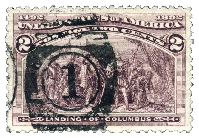 Columbus landing in the Americas, under a heavy postmark; stamp issued by United States, 1893